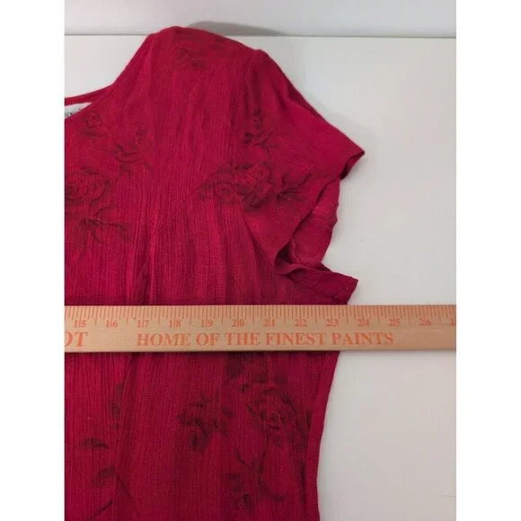 Vintage Sunshine Starshine Floral Rose Maxi Shirt Dress Womens Size 18 Red Rayon - Picture 11 of 11